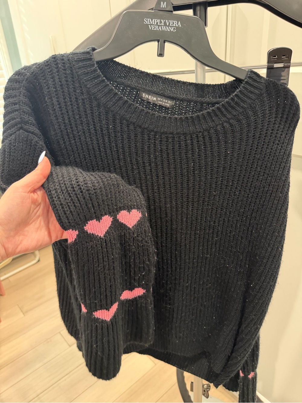 SHEIN Black Crewneck Sweater with Pink Heart Sleeve Detail